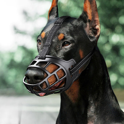 Muselière pour chien en silicone sur un Doberman
