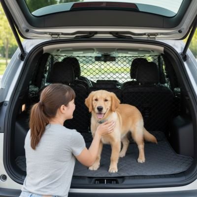Filet voiture chien | SecuriDrive- chiot Golden et femme