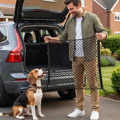Filet chien voiture | Sécurité Optimale - Installation - MODELE 2- Homme et Beagle