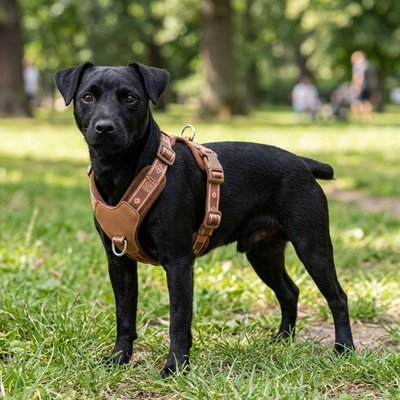 Harnais chien en Y | Cuir Anti-Traction - Brun- Chiot noir