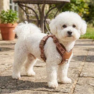 Harnais chien en Y | Cuir Anti-Traction - Brun- Caniche blanc