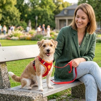 Harnais pour Chien |  -Rouge-Petit chien sur un banc