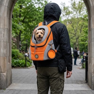 Sac a dos chien | Le Hublot - couleur ORANGE- en promenade